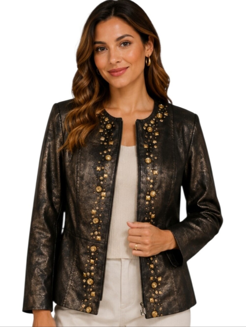 CHOICES PETITE Studded Faux Leather Blazer Jacket.Brown/metallic Gold.PS